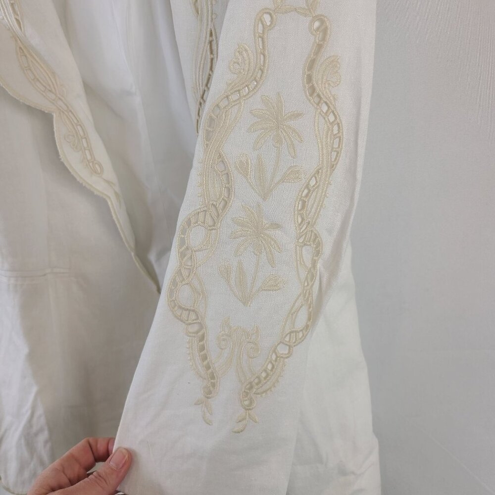 New Joie White Linen Blend Scalloped Blazer Floral Embroidery Open Front SZ M - Picture 6 of 10